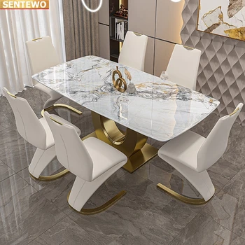 Дизайнер Луксозна трапезария Marble Rock Slab маса за хранене комплект 8 стола mesa eettafel мебели marbre Неръждаема стомана злато база