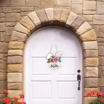 Дървена врата знак колоритен Великден дърво врата знак със зайче цвете печат за вътрешен открит фестивал входна врата стена висящи