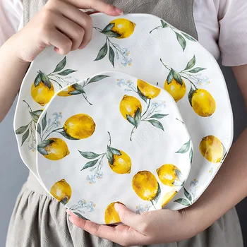 Европейска керамична чиния Креативна селска закуска Хляб Чиния Ръчно рисувана лимонова настолна Плодови салати Чинии Кухненска посуда