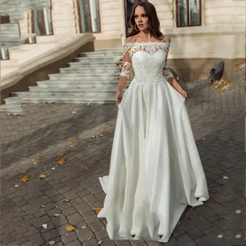 Елегантни дантелени сватбени рокли с лодка 2024 за жени линия сатенени булчински рокли с апликация половин ръкави халат De Mariée по поръчка