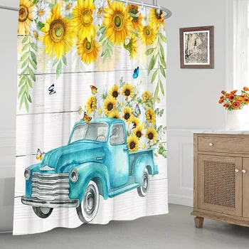 Есенен душ завеса комплект кленов лист тиква ферма син камион слънчоглед благодарността душ завеса за баня декор плат