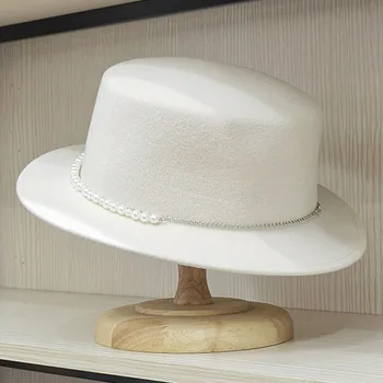 Жени вълна Fedora шапка широка периферия лодкар шапка в перли лента вълна филц зимни шапки женски топла вълна църква сватбена шапка черно бяло