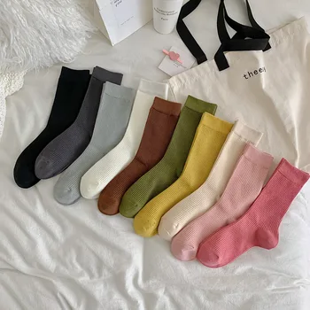 Жени памук свободни чорапи есен и зима плетене плътен цвят студент момичета чорапи елегантен ретро дълги чорапи дишаща