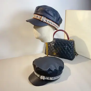 Женска есенна и зимна плоска шапка кожена военна шапка Хиляда птица карирана панделка мигаща диамантена шапка за пътуване Мъж