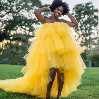 Жълти африкански коктейлни рокли без презрамки Къдри Рокли за рожден ден Къси високи ниски черни момичета Абитуриентски рокли Vestidos de Novia