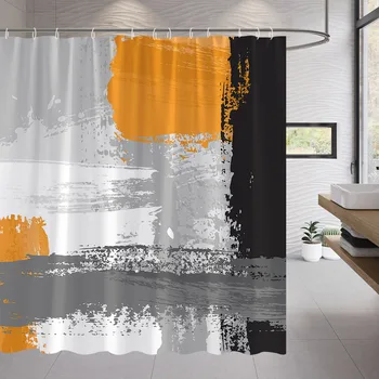 Изгорял оранжев сив черен геометрия душ завеса куки абстракция модерно изкуство баня декор плат баня завеса за вана