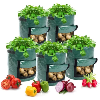 Картофи растат торби 10/7/5 галон градински контейнер с прозорец дишаща трайни за картофи домати моркови и други зеленчуци