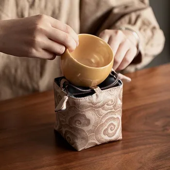 китайски стил чайна церемония майстор чаша кърпа чанта изкуство преносима чанта площад брокат шнур бродерия сгъсти чанта за съхранение ZD46