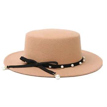 Класическа широка периферия Fedora шапка плосък връх шапки лодка шапка колан катарама филц панама шапка случайни шапки парти шапки с перлена лента