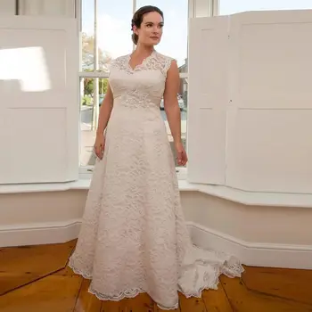 класически дизайн жени A-Line V врата сватбени рокли почистване влак плюс размер дантела роба де Mariage отворен обратно корсет обратно булчински рокля