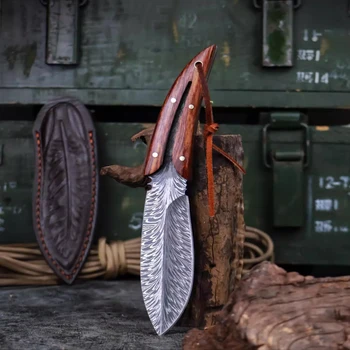 Кленов лист външен джобен нож с ножница, Дамаск модел преносим ловен нож, семеен пикник къмпинг режещ инструмент