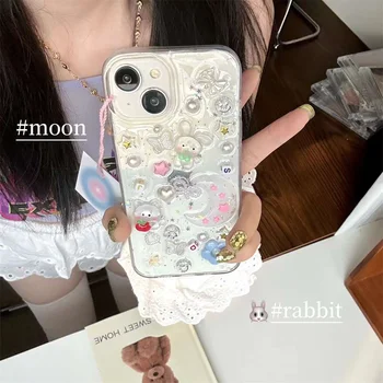 корейски епоксидна 3D заек луна сладък случай за Iphone 14 13 12 11 Pro Max луксозен блясък ясно мека корица творчески Япония момиче черупка