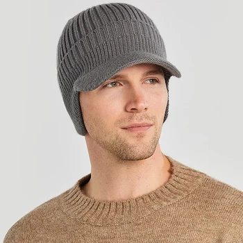 Къса шапка с периферия Мъже Зимна плетена капачка за защита на ушите Think Wool Beanies Bonnet Snapback Cap Открит Колоездене плюшени Дръжте топла шапка