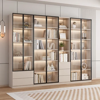  Лека луксозна лавица за книги със стъклени врати, хол от пода до тавана прахоустойчива лавица за книги, модерен шкаф за съхранение