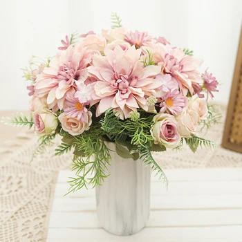 Луксозна розова далия изкуствени копринени цветя лилаво бяла роза букет фалшива флорална коледна сватба Начало Декорация на маса Подредете