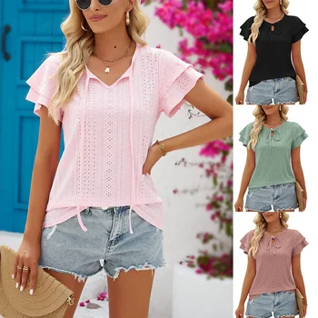 Лято Нова европейска и американска дамска тениска мода дупка куха дантела нагоре двоен ръкав топ тениска естетически kawaii дрехи