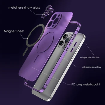 Метална рамка алуминиева броня обектив стъклен пръстен магнитен телефон случай за iPhone 14 12 13 Pro Max за Magsafe безжично зареждане капак
