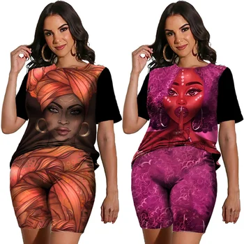 Мода африкански момичета печат две части комплекти за жени анцуг лято женски случайни тениска/шорти/костюм модерен улично облекло облекло