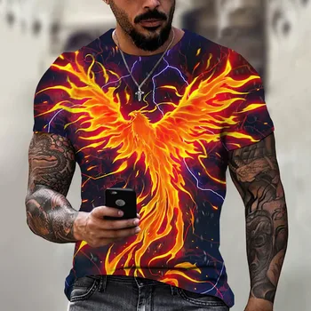 Мъжка 3D Phoenix отпечатана тениска с къс ръкав, модерен топ, извънгабаритно бързо съхнене, свободно прилепнал и удобен, ретро мен