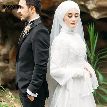 мюсюлманин 2024 Дизайн висока яка A-линия сватбени рокли апликация драпирани плисе етаж дължина булката рокля четка Влак халат де mariée