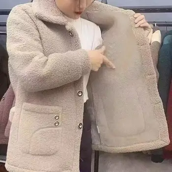 Плътен цвят яке палто стилен ревер дълъг ръкав имитация агнешко вълнено палто удебелен еднореден за есен/зима