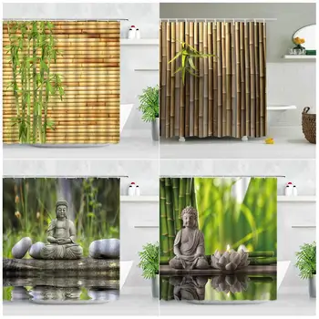 Популярни потребителски Zen Green бамбук Буда душ завеси полиестер баня водоустойчив баня завеса размер 150X180cm 180X200cm