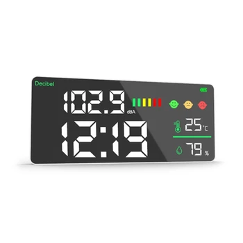 Професионален звуков метър Голям LCD дисплей с влажност & Температура Часовник Функция Монтиране на стена Прецизен шумомер