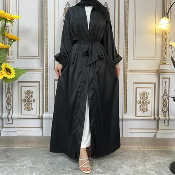 Рамадан Ейд сатен Open Abaya жени бутер ръкав кимоно жилетка Jalabiya Дубай мюсюлманска рокля колан роба ислямско облекло Кафтан