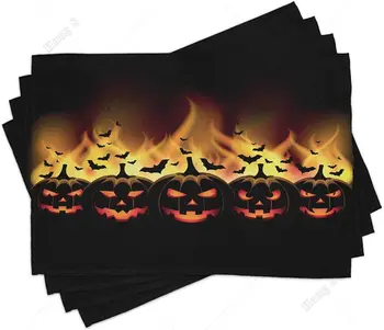 Реколта Хелоуин място постелки комплект от 4 щастливи пожелания изображение Джак О фенери прилепи празник миещи се плат Placemats за маса за хранене