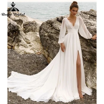 Секси високо сплит сватбена рокля за жени 2024 булка плаж v-образно деколте дантела булчински рокли бутер ръкав халат де Марие вечерна рокля vestido