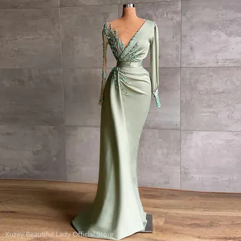 Секси зелена русалка вечерна рокля дълга луксозна дубайска дантела V-образно деколте Дамски гост официална парти рокля Абитуриентска рокля Vestidos de Gala халат