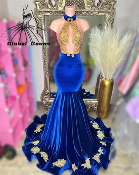 Синя дълга абитуриентска рокля с високо деколте за черни момичета 2023 Кристални рокли за рожден ден с мъниста Изрязани вечерни рокли Robe De Bal