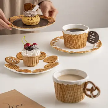 Сладка вафлена бисквита серия форма чаша чаши за кафе с дръжка закуска овесена чаша чаена чаша десерт чиния подарък за приятели момичета