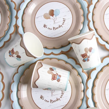 Сладка мечка за еднократна употреба Комплекти прибори за хранене Кафява синя хартиена чиния Салфетка Момчета момичета Декорации за рожден ден Бебешки душ консумативи