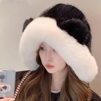 Сладка плюшена мечка уши шапка удебелена топла зимна шапка за защита на ушите мека пухкава кофа шапка жени