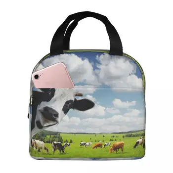 Смешна крава зелена селска ливада чанта за обяд, изолирана с отделения за многократна употреба голяма пазарска дръжка преносима за деца пикник работно училище