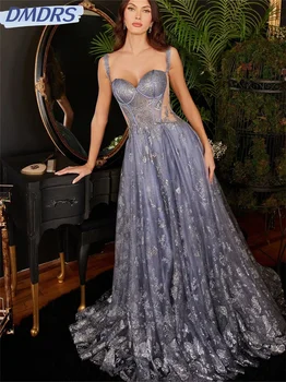 Стилна тюл A-Line абитуриентска рокля 2024 Елегантни спагети презрамки Вечерни рокли Проста рокля с дължина до пода Vestidos de Novia