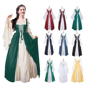 Хелоуин Cos средновековна реколта 2 парче комплект тънък макси рокля костюм възрастни жени ренесанс дантела нагоре нередовни рокля роба рокли