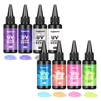  цветна UV смола, 8 цвята UV смола комплект, бърза ултравиолетова втвърдяване епоксидна смола за занаяти, бижута, DIY вземане (50g всеки)