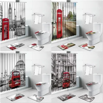 Червена телефонна зала Биг Бен в Лондон Завеси за душ Подложка за баня Ретро пейзаж Декор за баня Комплект неплъзгащи се килими Постелки за тоалетни врати