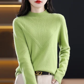 100% чист пуловер дами 2023 есен и зима нов плътен цвят половин височина дебела мода хлабав плетен пуловер.