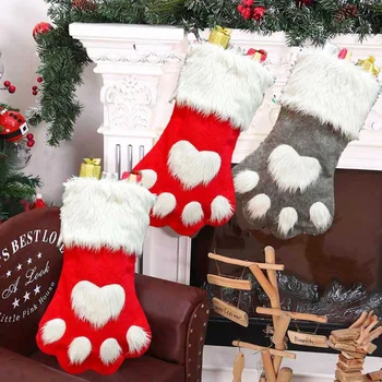 1бр Коледни чорапи Аксесоари за декорация на дома Карирани коледни подаръчни торбички Pet Dog Cat Paw Чорапи за чорапи за коледни дървета