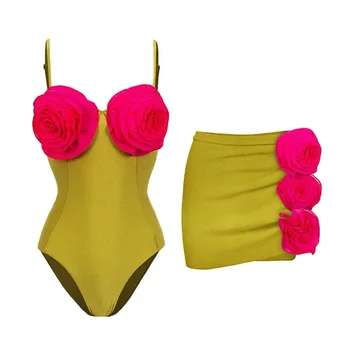2023 Дамски бански костюми цветен блок 3D цвете едно парче бански и пола бикини комплекти Плажно облекло бански костюм