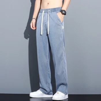2023 Летни меки тъкани мъжки дънки тънки хлабав прави панталони шнур ластик Корея ежедневни панталони плюс размер M-5XL