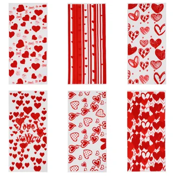 60pcs червени сърца парти бонбони чанти любов сърце тема рожден ден бисквитка подаръци ясни пластмасови торбички Ден на Свети Валентин парти консумативи