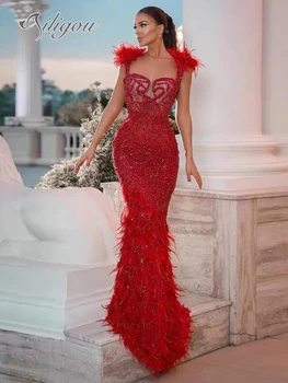 Ailigou 2024 Нова лятна дамска червена пайети без ръкави луксозна декорация от пера елегантна модна парти дълга вечерна рокля