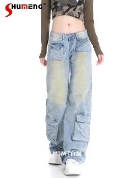 American High Street Washed Slim Jeans Woman 2023 Есен Ново улично облекло Дамски дънкови панталони с ниска талия с висока права крачол