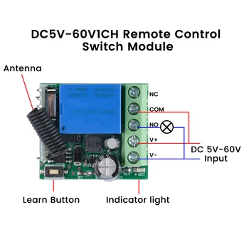  DC 5-60V 1 канален безжичен RF модул за дистанционно управление 433MHz радиочестотен приемник Интелигентен релеен превключвател модул