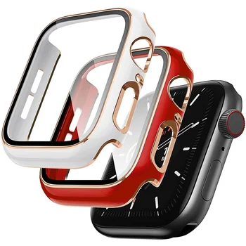 Glass + Cover За Apple часовник серия 7 3 4 5 6 SE 45mm 41mm Закалено стъкло екран протектор Apple Watch лента 44mm 40mm 42mm 38mm