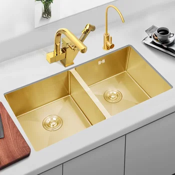  Gold нано-мивка под брояч басейн двоен слот толкова голям, колкото 304 неръждаема стомана сгъстена кухненска мивка ястие